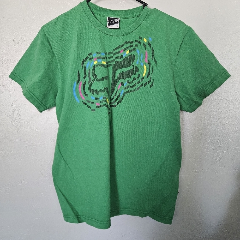 Fox Racing Y2K Men's Medium Green Graphic T-Shirt Short Sleeve Colorful Logo Vtg